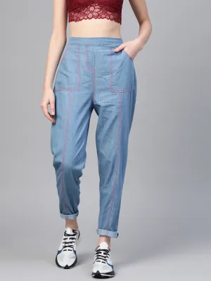 Blue Contrast Pink Stitch Tapered Pants