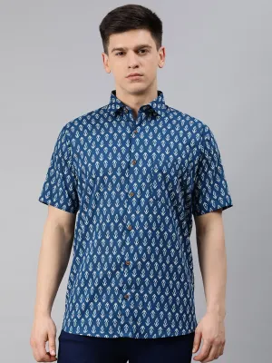 Blue Cotton Short Sleeves Shirts For Men-Mmh039