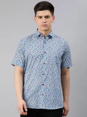 Blue Cotton Short Sleeves Shirts For Men-Mmh09