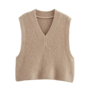 Fall Women Clothing Classic V neck Short Knitted Sweater Vest