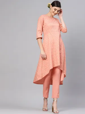 Peach Foil High Low Kurta With Peach Pants