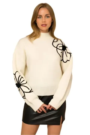 TEEK - Flower Embroidery Mock Neck Sweater