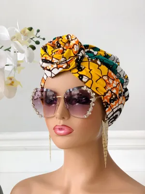 Yellow African Print 2-Piece Bonnet Headwrap